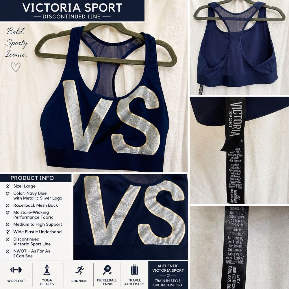 Victoria Sport Racerback Sports Bra L Navy Silver Logo Mesh Discontinued